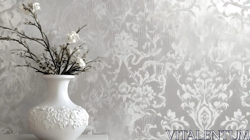 Elegant white ceramic vase with flowers against ornate silver wallpaper.