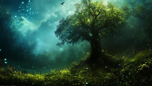 Luminescent forest clearing with central arboreal silhouette.