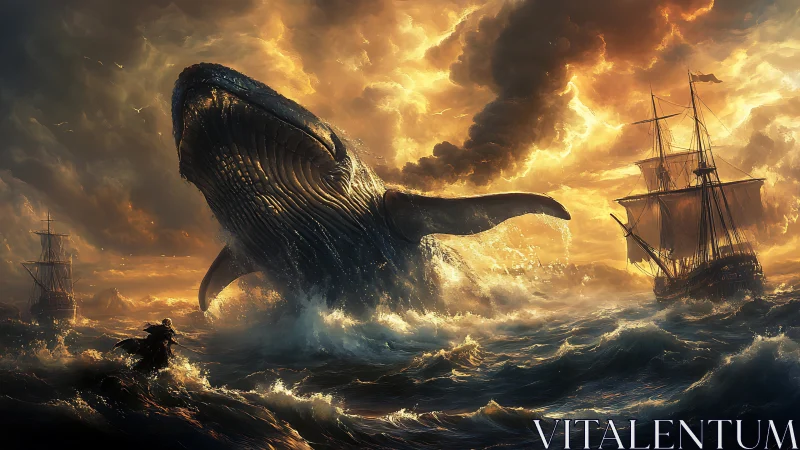 Stormlit whale rising among tall ships at sea.