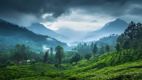 Misty tea valley welcoming you into gentle green hills.