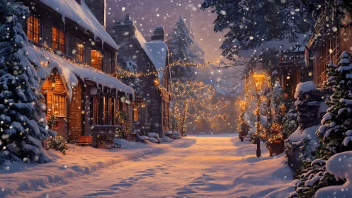Snowlit village lane wrapped in golden winter hush.