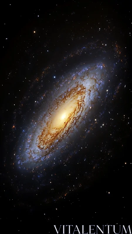 Spiral galaxy glows with dense golden core and blue arms