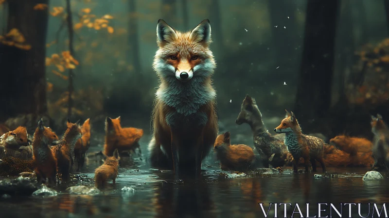 Gentle fox family gathers quietly beside a misty forest stream