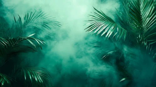 Luminous tropical fronds in atmospheric teal vapor field.