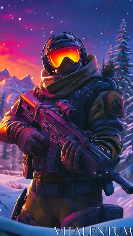 Armored winter soldier guards snowy pass at neon sunset