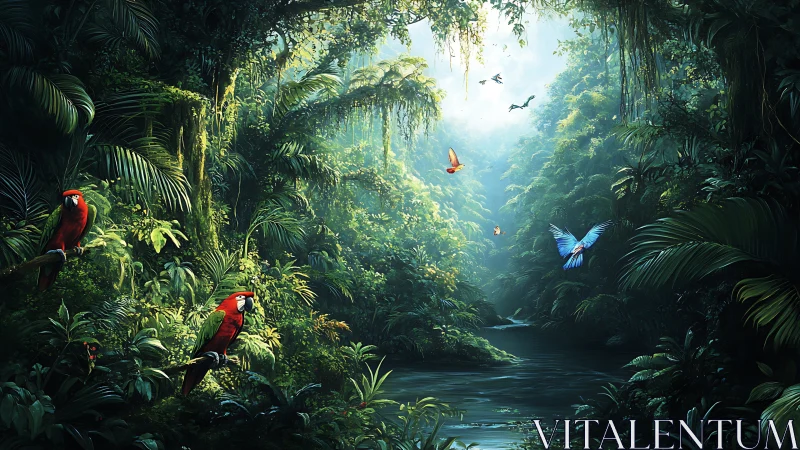 Sunlit jungle river alive with parrots and bright wings.