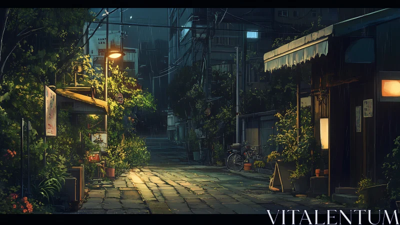 Rain-soaked alley street under warm lamps and foliage.