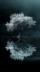 Digital painting of mirrored blossom tree on nocturnal water surface.