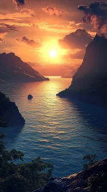 Vertical digital seascape at sunset between dramatic cliffs.