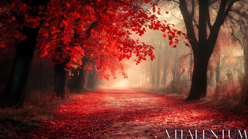 Crimson autumn forest path under glowing morning mist.