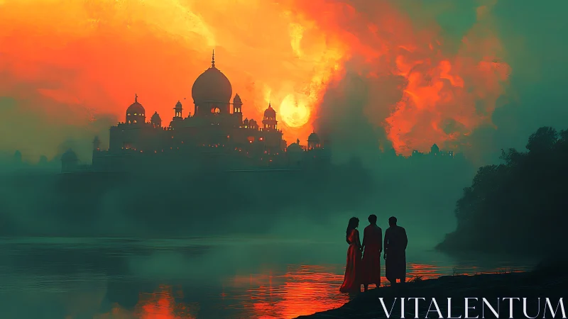 Silhouetted figures observe distant domed palace at fiery sunset