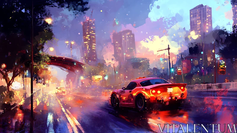 Red sports car on wet neon city street at dusk.