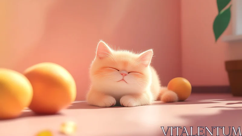 Serene White Kitten Surrounded by Golden Spheres.