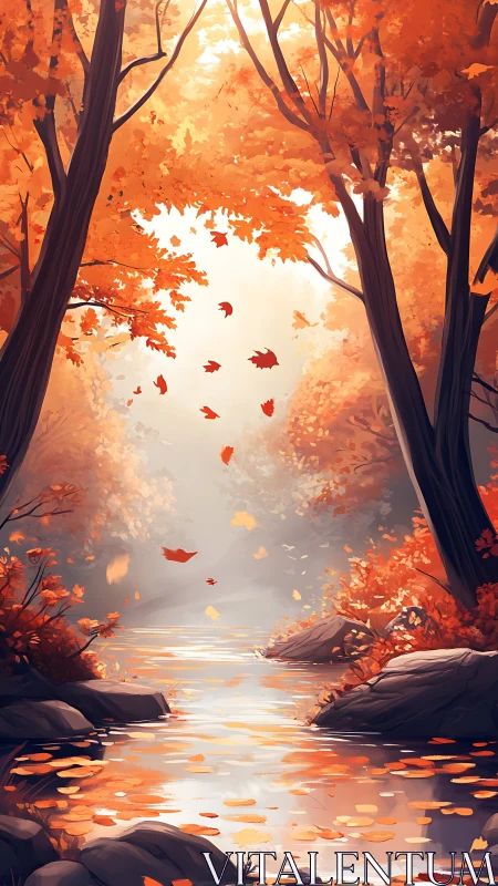 Autumn Forest Canopy with Luminous Water Reflection and Falling Leaf Elements