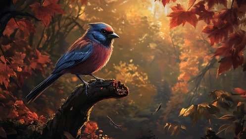 Vibrant Blue and Red Songbird in Autumn Forest, Digital Art Style.