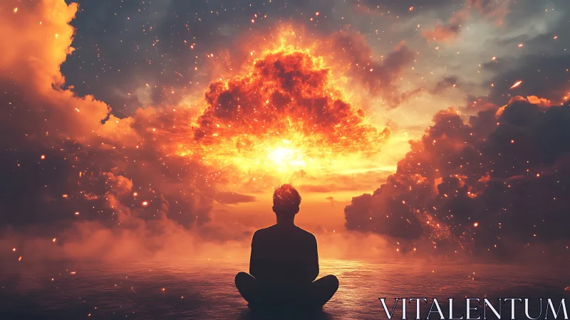 Meditative silhouette contemplates a blazing cosmic sunrise