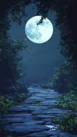 Full moon illuminates mystical stone path through forest.