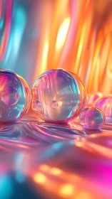 Glowing glass spheres on reflective neon surface at night.