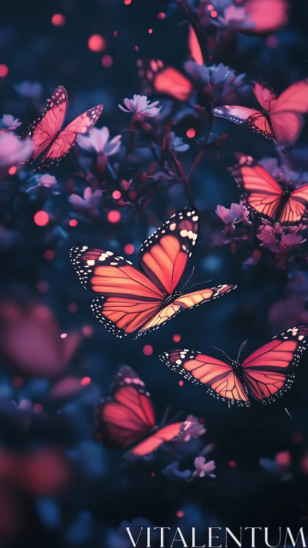Monarch butterflies among flowers in low light environment.