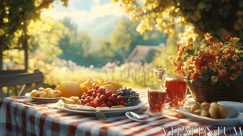 Sunlit vineyard breakfast table drenched in cherry warmth.