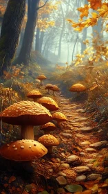 Enchanted forest path lined with glowing orange mushrooms.
