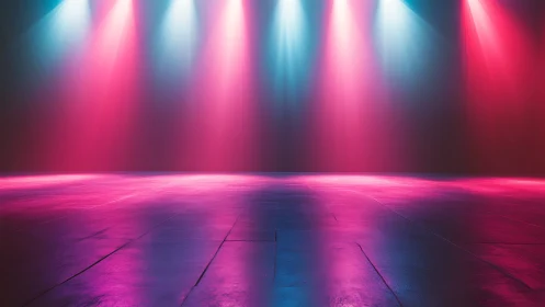 Empty stage floor sits under pink and blue theatrical spotlights