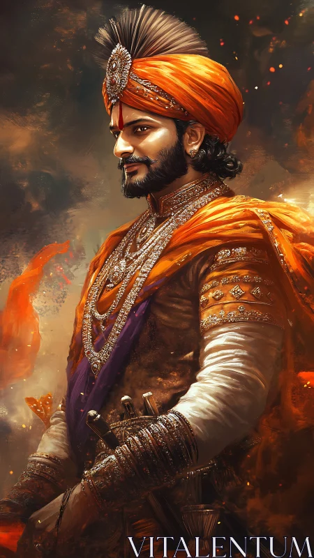 Regal warrior prince in ornate orange turban and armor.