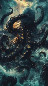 Stormlit sea kraken swirling through glowing ocean depths.