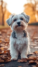 Fluffy autumn pup pauses on a leaf-strewn woodland path.