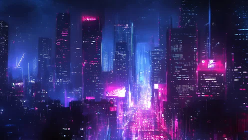 Neon saturated cyberpunk megacity skyline with rainy haze