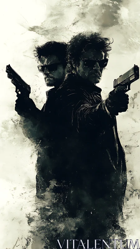 Shadow brothers stand back-to-back in smoky standoff.