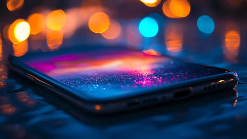 Glistening smartphone glows softly in dreamy city lights