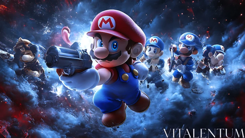 Heroic Mario squad charging through a stormy cosmic battle.