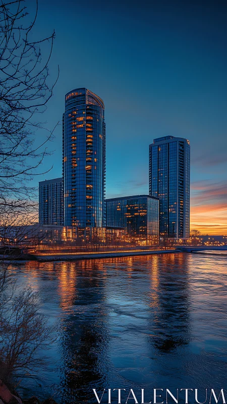 Glow of riverside city towers in the soft blue evening light.