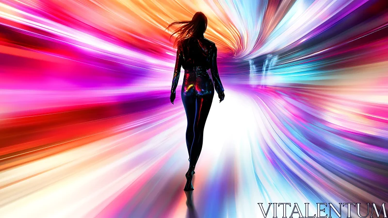 Silhouette figure in multicolored radial light tunnel space.