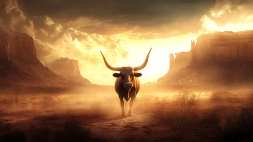 Longhorn cattle in sunlit desert canyon landscape scene.