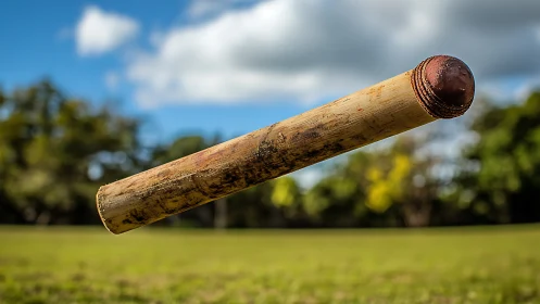 Weathered wooden bat hovers over sunlit green cricket field