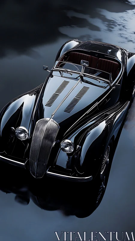 Noir roadster gliding like liquid midnight over glassy water.