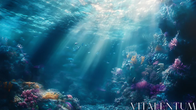 Sunlit coral canyon with refracted beams and vivid reef life.