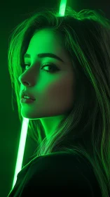 Female portrait in green neon light, side profile focus.
