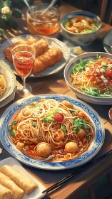 Sunlit noodle banquet displaying textured broth gloss and garnishes