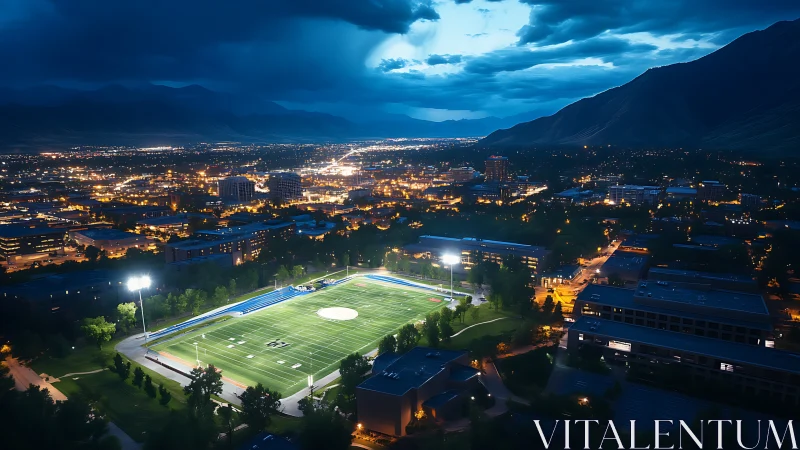Midnight stadium glow cradled by misty mountains and city lights.