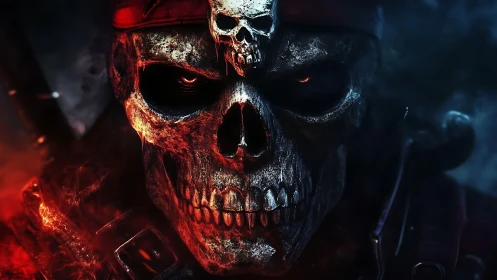 Ember-eyed pirate skull captain stalking the burning fog.