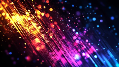 Colorful diagonal light streaks and bokeh on dark field.