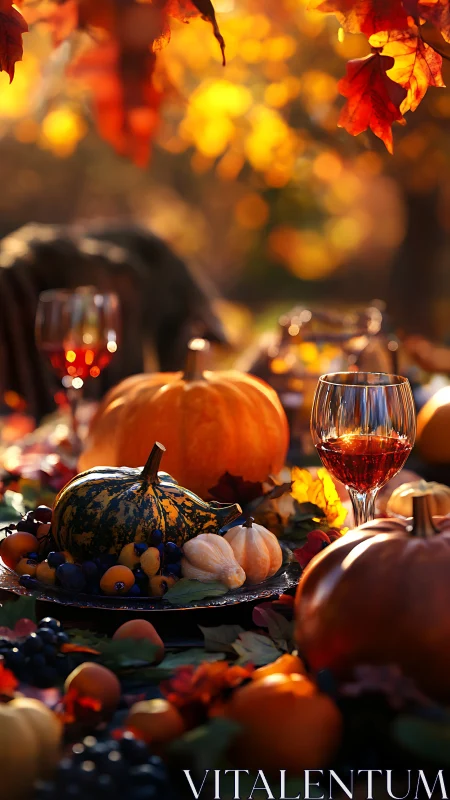 Autumn harvest still life with pumpkins, fruits, and wine glasses