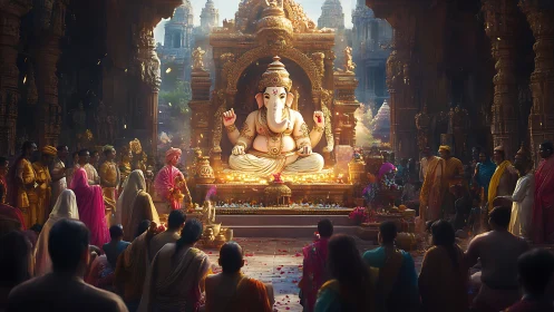 Majestic Ganesha idol glows amid temple festival crowd.