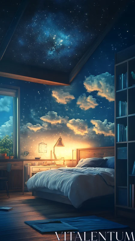 Interior bedroom scene integrates night sky ceiling projection