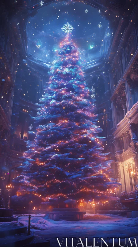 Illuminated indoor fir tree stands under domed glass ceiling