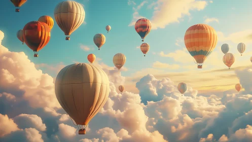 Colorful hot air balloons drifting above soft clouds.