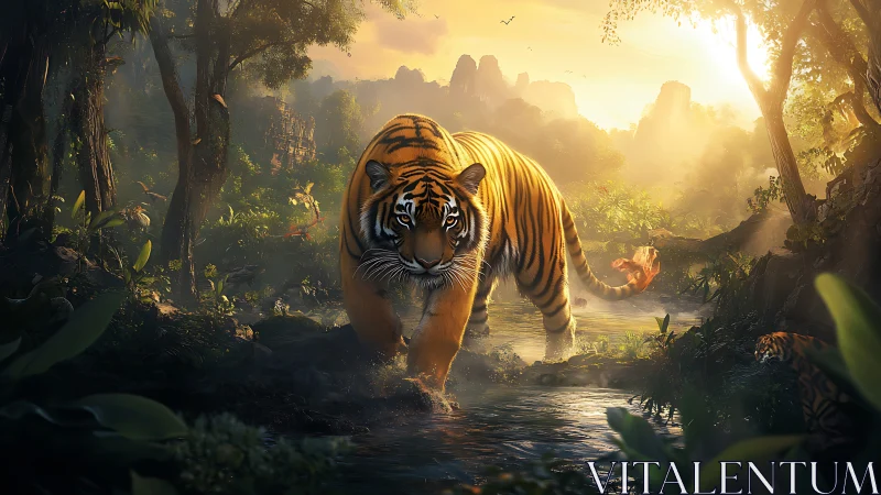 Sunlit jungle tiger stepping softly through glowing waters.